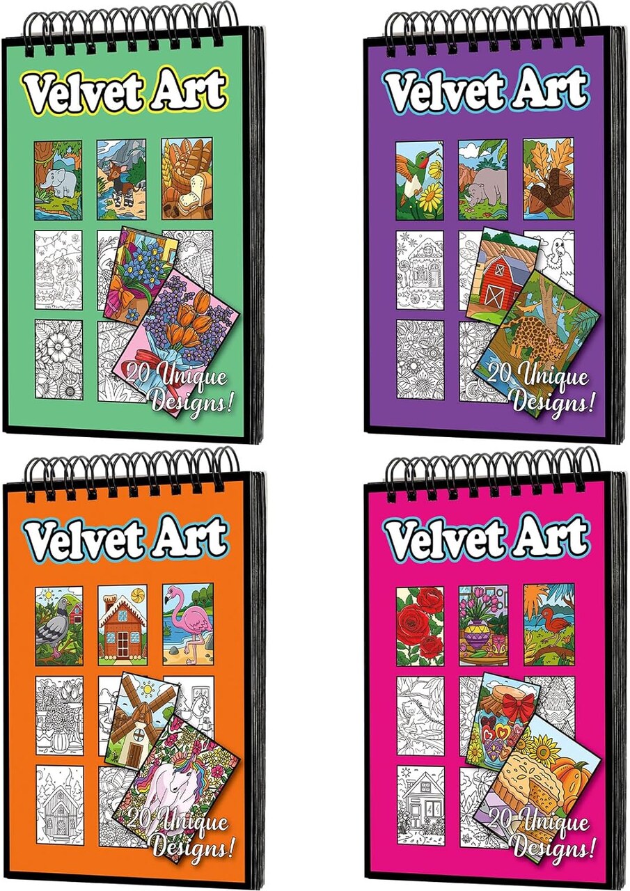 4 Pcs Velvet Art Coloring Books Velvet Coloring Posters Velvet Spiral Bound Books Felt Coloring Pages for Kids Great for After School, Travel, Planes,...